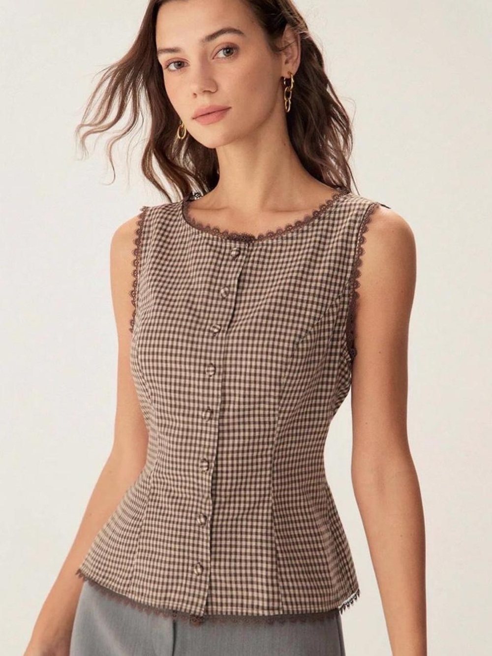 Chocolate Brown Plaid Gingham Lace Trim Vest Sleeveless Top Small Cotton Preppy